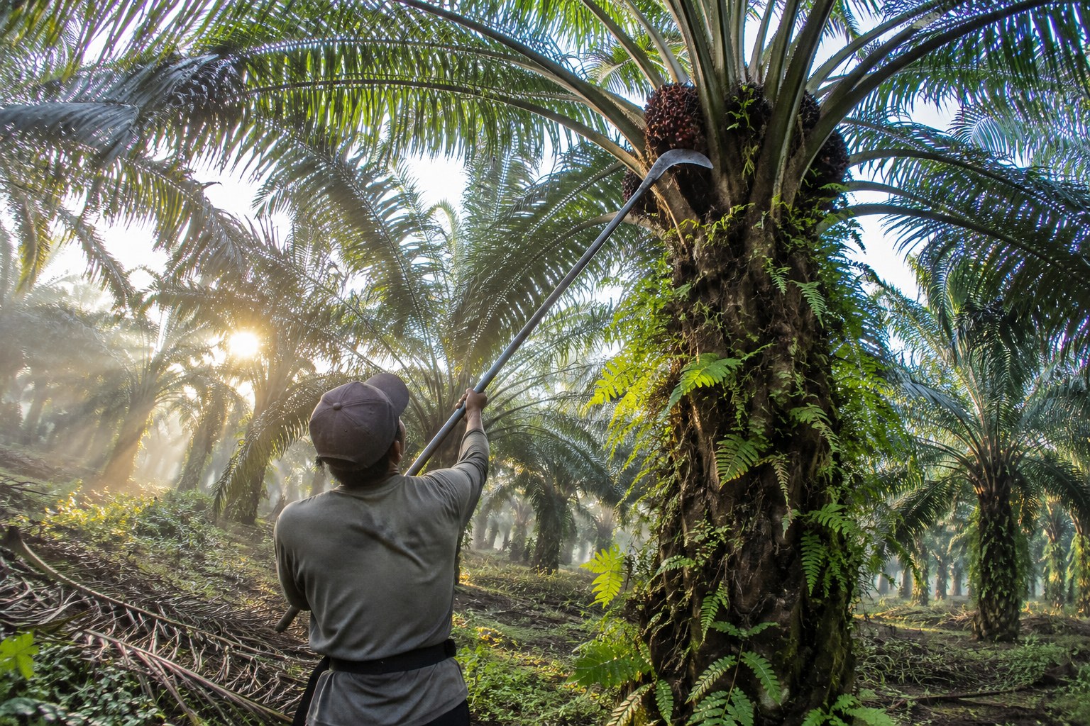 Oil palm harvester lifting a pole sickle beneath the canopy