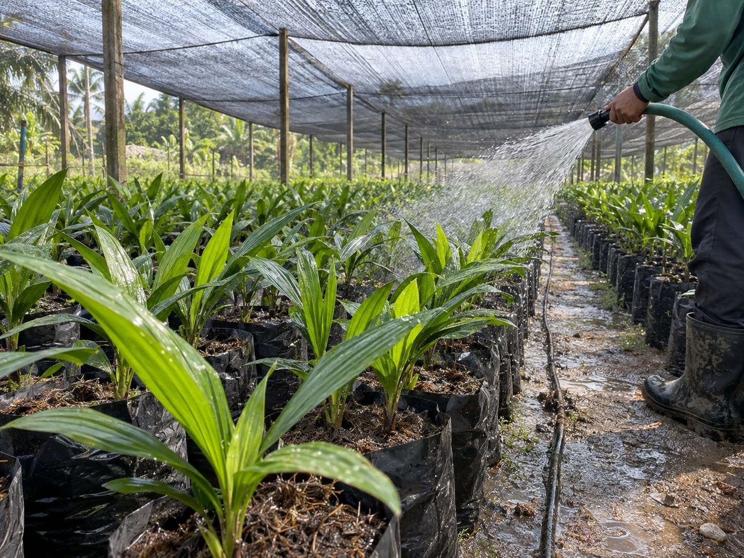 Watering young oil palm seedlings in a nursery; AI-generated illustration