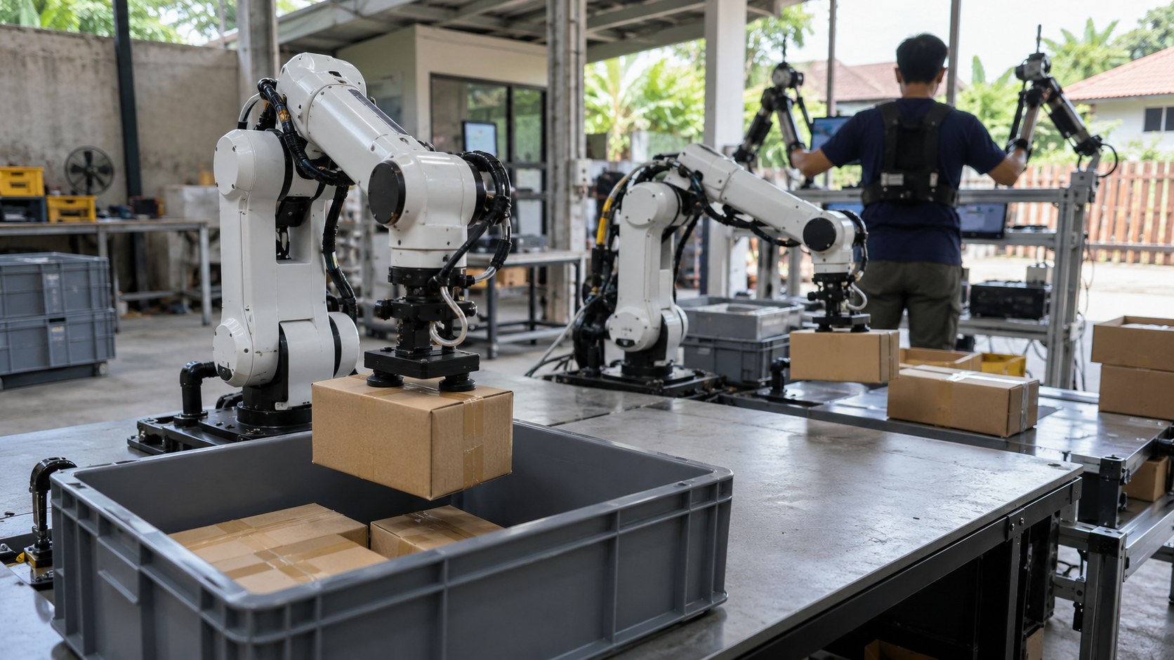Illustrative robot arms sorting parcels with an operator in the background